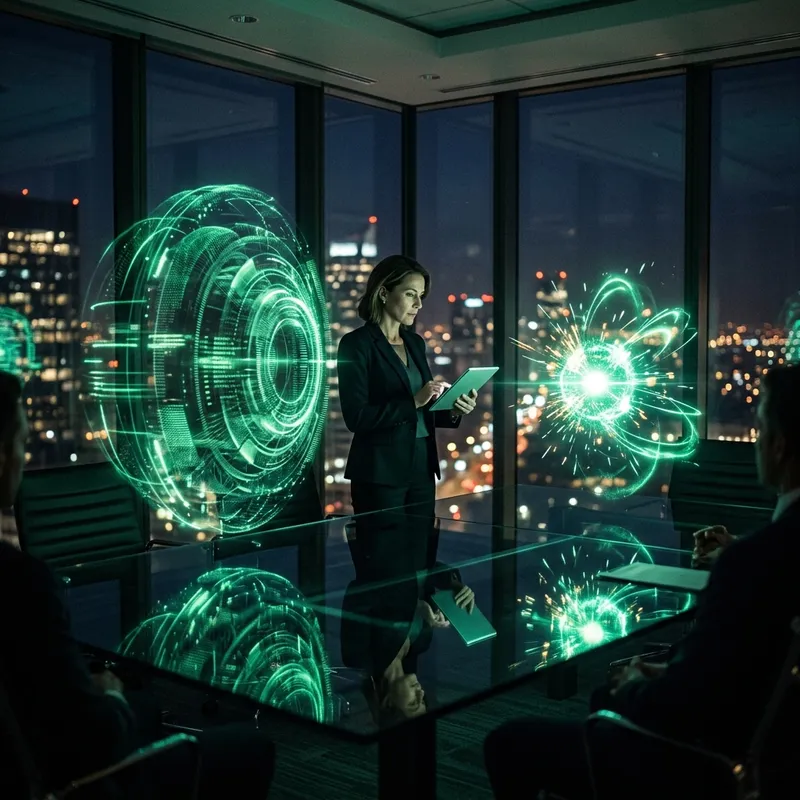 Dos modelos de inteligencia artificial enfrentados como orbes holográficos, uno imponente y otro compacto y luminoso, sobre una mesa de juntas
